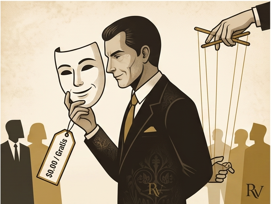 Ilustración de Maquiavelo sosteniendo la máscara de la gratuidad mientras maneja los hilos del poder